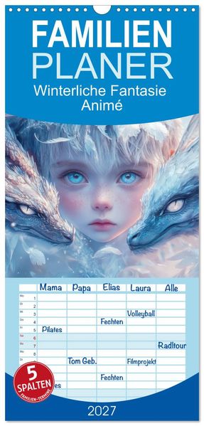 Familienplaner 2027 - Winterliche Fantasie Animé mit 5 Spalten (Wandkalender 21 x 45 cm) CALVENDO