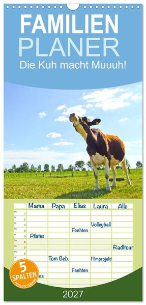 Familienplaner 2027 - Die Kuh macht Muuuh! mit 5 Spalten (Wandkalender 21 x 45 cm) CALVENDO