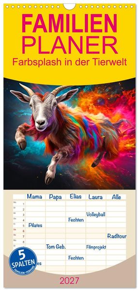 Familienplaner 2027 - Farbsplash in der Tierwelt mit 5 Spalten (Wandkalender 21 x 45 cm) CALVENDO