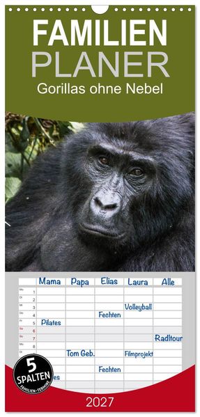 Familienplaner 2027 - Gorillas ohne Nebel mit 5 Spalten (Wandkalender 21 x 45 cm) CALVENDO