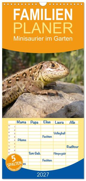 Familienplaner 2027 - Minisaurier im Garten mit 5 Spalten (Wandkalender 21 x 45 cm) CALVENDO