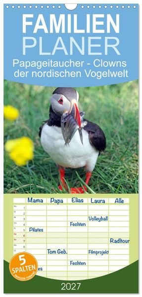 Familienplaner 2027 - Papageitaucher - Clowns der nordischen Vogelwelt mit 5 Spalten (Wandkalender 21 x 45 cm) CALVENDO