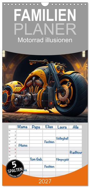 Familienplaner 2027 - Motorrad illusionen mit 5 Spalten (Wandkalender 21 x 45 cm) CALVENDO