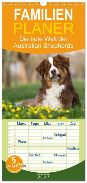 Familienplaner 2027 - DIE BUNTE WELT DER AUSTRALIAN SHEPHERDS mit 5 Spalten (Wandkalender 21 x 45 cm) CALVENDO