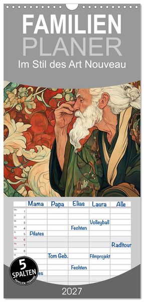 Familienplaner 2027 - Im Stil des Art Nouveau mit 5 Spalten (Wandkalender 21 x 45 cm) CALVENDO
