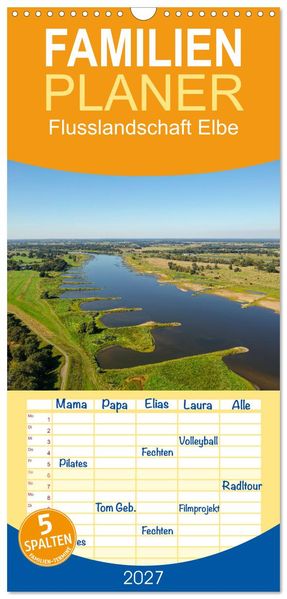 Familienplaner 2027 - Flusslandschaft Elbe mit 5 Spalten (Wandkalender 21 x 45 cm) CALVENDO