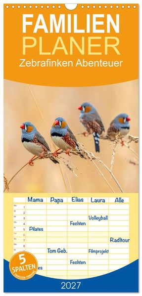 Familienplaner 2027 - Zebrafinken Abenteuer mit 5 Spalten (Wandkalender 21 x 45 cm) CALVENDO