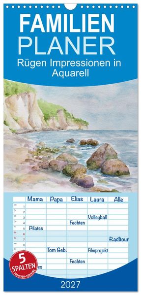 Familienplaner 2027 - Rügen Impressionen in Aquarell mit 5 Spalten (Wandkalender 21 x 45 cm) CALVENDO