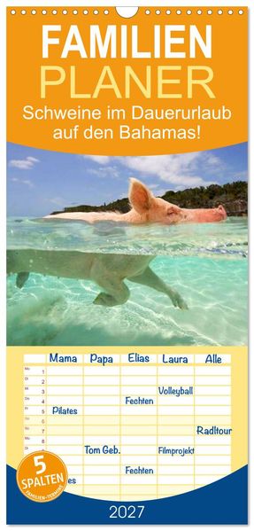 Familienplaner 2027 - Schweine im Dauerurlaub auf den Bahamas! mit 5 Spalten (Wandkalender 21 x 45 cm) CALVENDO
