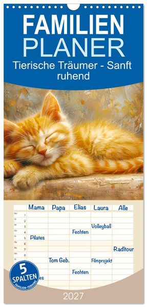 Familienplaner 2027 - Tierische Träumer - Sanft ruhend mit 5 Spalten (Wandkalender 21 x 45 cm) CALVENDO