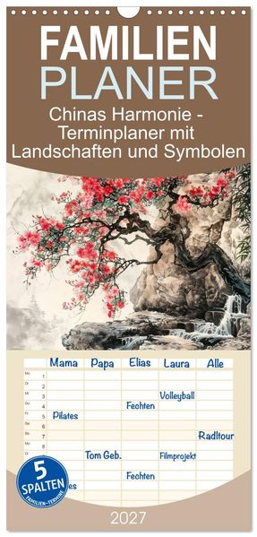 Familienplaner 2027 - Chinas Harmonie - Terminplaner mit Landschaften und Symbolen mit 5 Spalten (Wandkalender 21 x 45 cm) CALVENDO