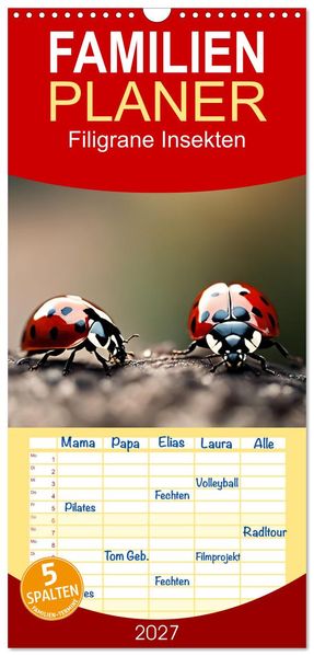 Familienplaner 2027 - Filigrane Insekten mit 5 Spalten (Wandkalender 21 x 45 cm) CALVENDO
