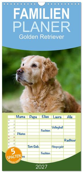 Familienplaner 2027 - Golden Retriever mit 5 Spalten (Wandkalender 21 x 45 cm) CALVENDO