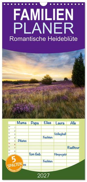 Familienplaner 2027 - Romantische Heideblüte mit 5 Spalten (Wandkalender 21 x 45 cm) CALVENDO