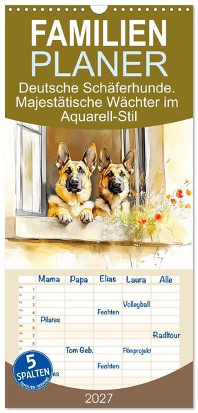 Familienplaner 2027 - Deutsche Schäferhunde. Majestätische Wächter im Aquarell-Stil mit 5 Spalten (Wandkalender 21 x 45 cm) CALVENDO