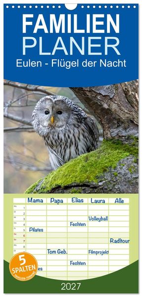 Familienplaner 2027 - Eulen - Flügel der Nacht mit 5 Spalten (Wandkalender 21 x 45 cm) CALVENDO