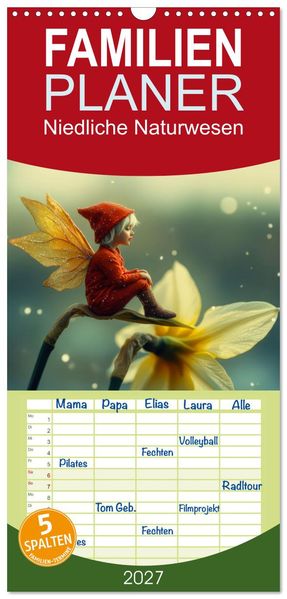 Familienplaner 2027 - Niedliche Naturwesen mit 5 Spalten (Wandkalender 21 x 45 cm) CALVENDO