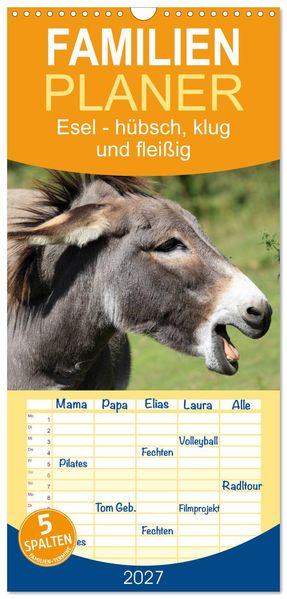 Familienplaner 2027 - Esel - hübsch klug und fleißig mit 5 Spalten (Wandkalender 21 x 45 cm) CALVENDO