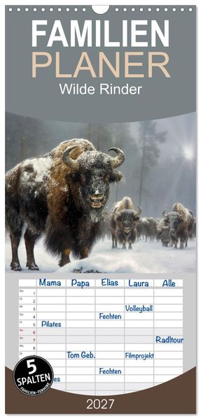 Familienplaner 2027 - Wilde Rinder mit 5 Spalten (Wandkalender 21 x 45 cm) CALVENDO