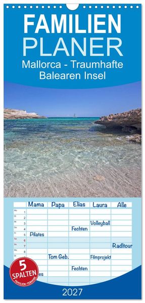 Familienplaner 2027 - Mallorca - Traumhafte Balearen Insel mit 5 Spalten (Wandkalender 21 x 45 cm) CALVENDO