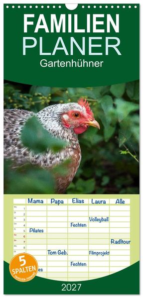 Familienplaner 2027 - Gartenhühner mit 5 Spalten (Wandkalender 21 x 45 cm) CALVENDO