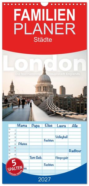 Familienplaner 2027 - London - Die faszinierende Hauptstadt Englands. mit 5 Spalten (Wandkalender 21 x 45 cm) CALVENDO