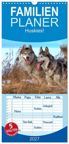 Familienplaner 2027 - Huskies! mit 5 Spalten (Wandkalender 21 x 45 cm) CALVENDO