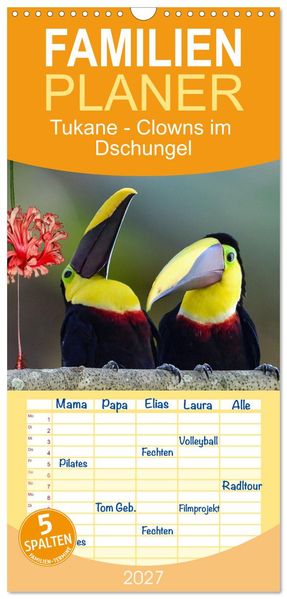 Familienplaner 2027 - Tukane - Clowns im Dschungel mit 5 Spalten (Wandkalender 21 x 45 cm) CALVENDO