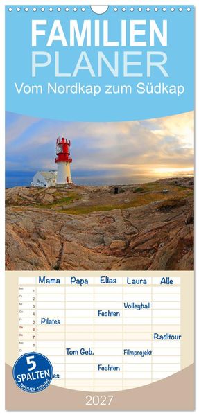 Familienplaner 2027 - Vom Nordkap zum Südkap mit 5 Spalten (Wandkalender 21 x 45 cm) CALVENDO