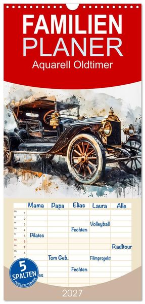 Familienplaner 2027 - Aquarell Oldtimer mit 5 Spalten (Wandkalender 21 x 45 cm) CALVENDO