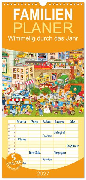 Familienplaner 2027 - Wimmelig durch das Jahr mit 5 Spalten (Wandkalender 21 x 45 cm) CALVENDO