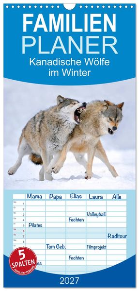 Familienplaner 2027 - Kanadische Wölfe im Winter mit 5 Spalten (Wandkalender 21 x 45 cm) CALVENDO