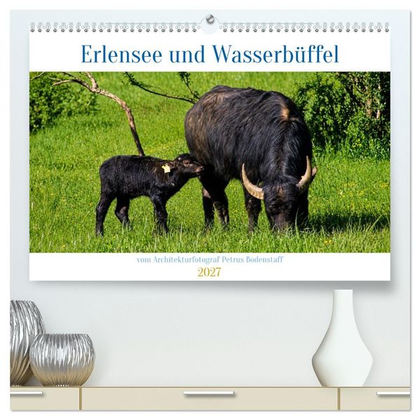 Erlensee und Wasserbüffel (hochwertiger Premium Wandkalender 2027 DIN A2 quer) Kunstdruck in Hochglanz