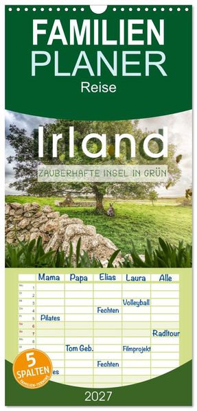 Familienplaner 2027 - Irland - Zauberhafte Insel in grün mit 5 Spalten (Wandkalender 21 x 45 cm) CALVENDO