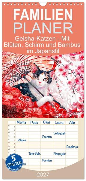 Familienplaner 2027 - Geisha-Katzen - Mit Blüten Schirm und Bambus im Japanstil mit 5 Spalten (Wandkalender 21 x 45 cm) CALVENDO