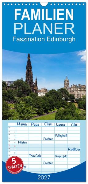 Familienplaner 2027 - Faszination Edinburgh mit 5 Spalten (Wandkalender 21 x 45 cm) CALVENDO