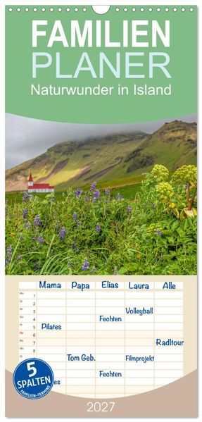 Familienplaner 2027 - Naturwunder in Island mit 5 Spalten (Wandkalender 21 x 45 cm) CALVENDO