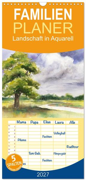 Familienplaner 2027 - Landschaft in Aquarell mit 5 Spalten (Wandkalender 21 x 45 cm) CALVENDO