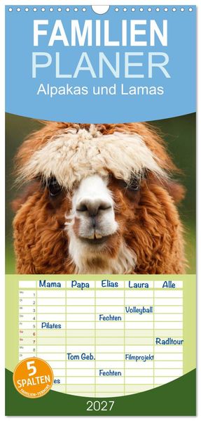Familienplaner 2027 - Alpakas und Lamas mit 5 Spalten (Wandkalender 21 x 45 cm) CALVENDO