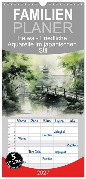 Familienplaner 2027 - Heiwa - Friedliche Aquarelle im japanischen Stil mit 5 Spalten (Wandkalender 21 x 45 cm) CALVENDO