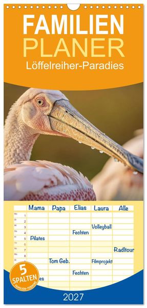 Familienplaner 2027 - Löffelreiher-Paradies mit 5 Spalten (Wandkalender 21 x 45 cm) CALVENDO
