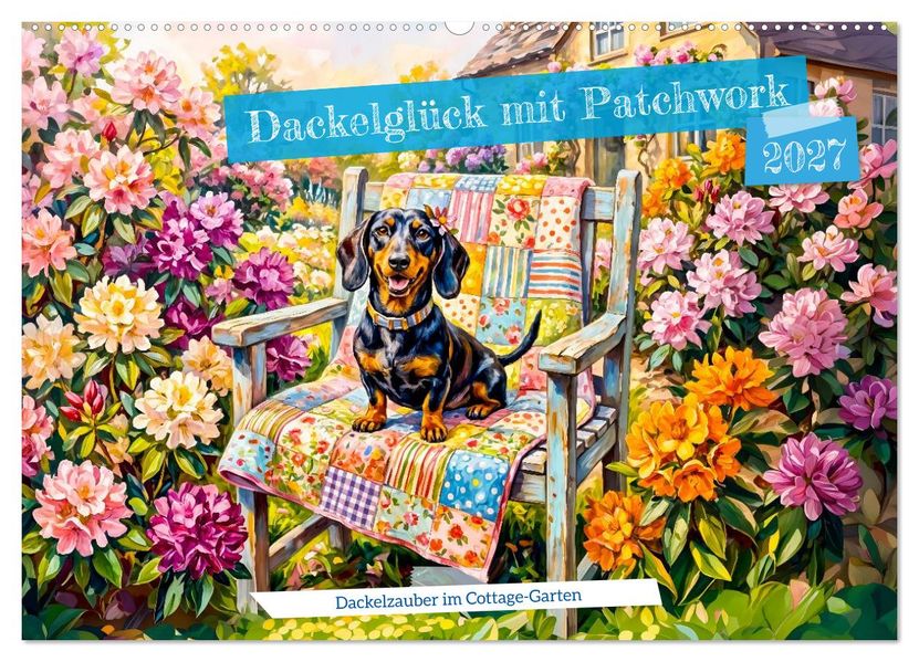 Dackelglück mit Patchwork - Dackelzauber im CottageGarten (Wandkalender 2027 DIN A2 quer) CALVENDO Monatskalender