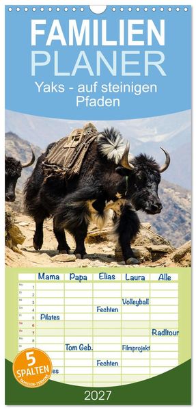 Familienplaner 2027 - Yaks - auf steinigen Pfaden mit 5 Spalten (Wandkalender 21 x 45 cm) CALVENDO