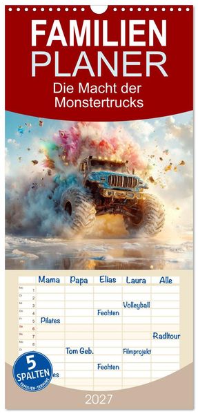Familienplaner 2027 - Die Macht der Monstertrucks mit 5 Spalten (Wandkalender 21 x 45 cm) CALVENDO