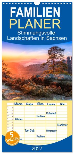 Familienplaner 2027 - Stimmungsvolle Landschaften in Sachsen mit 5 Spalten (Wandkalender 21 x 45 cm) CALVENDO