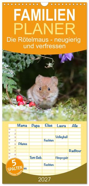Familienplaner 2027 - Die Rötelmaus - neugierig und verfressen mit 5 Spalten (Wandkalender 21 x 45 cm) CALVENDO