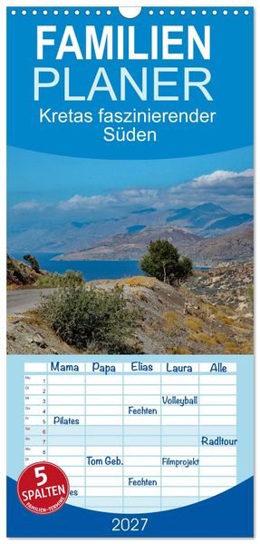 Familienplaner 2027 - Kretas faszinierender Süden mit 5 Spalten (Wandkalender 21 x 45 cm) CALVENDO