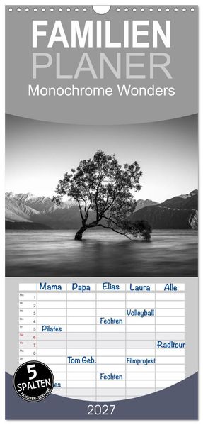 Familienplaner 2027 - Monochrome Wonders mit 5 Spalten (Wandkalender 21 x 45 cm) CALVENDO
