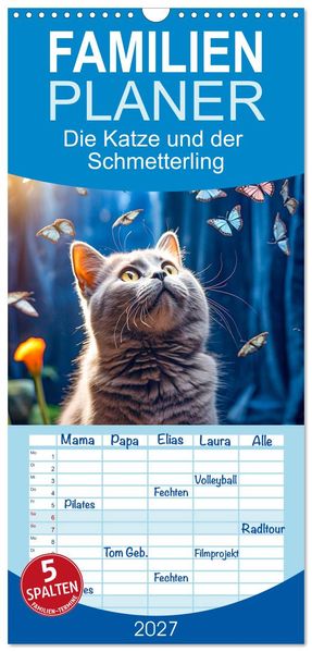 Familienplaner 2027 - Die Katze und der Schmetterling mit 5 Spalten (Wandkalender 21 x 45 cm) CALVENDO