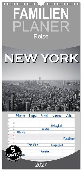 Familienplaner 2027 - New York in schwarz weiss mit 5 Spalten (Wandkalender 21 x 45 cm) CALVENDO